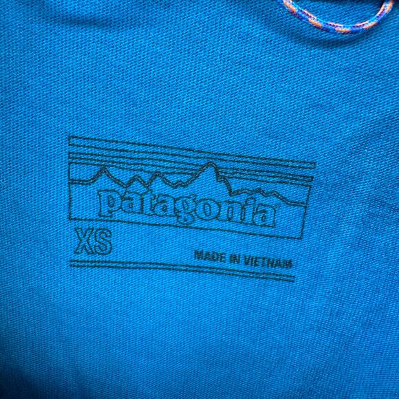 Patagonia Polo Shirt Mens XS  Blue Trout Fitz Roy Organic Cotton Short Sleeve - Picture 2 of 7